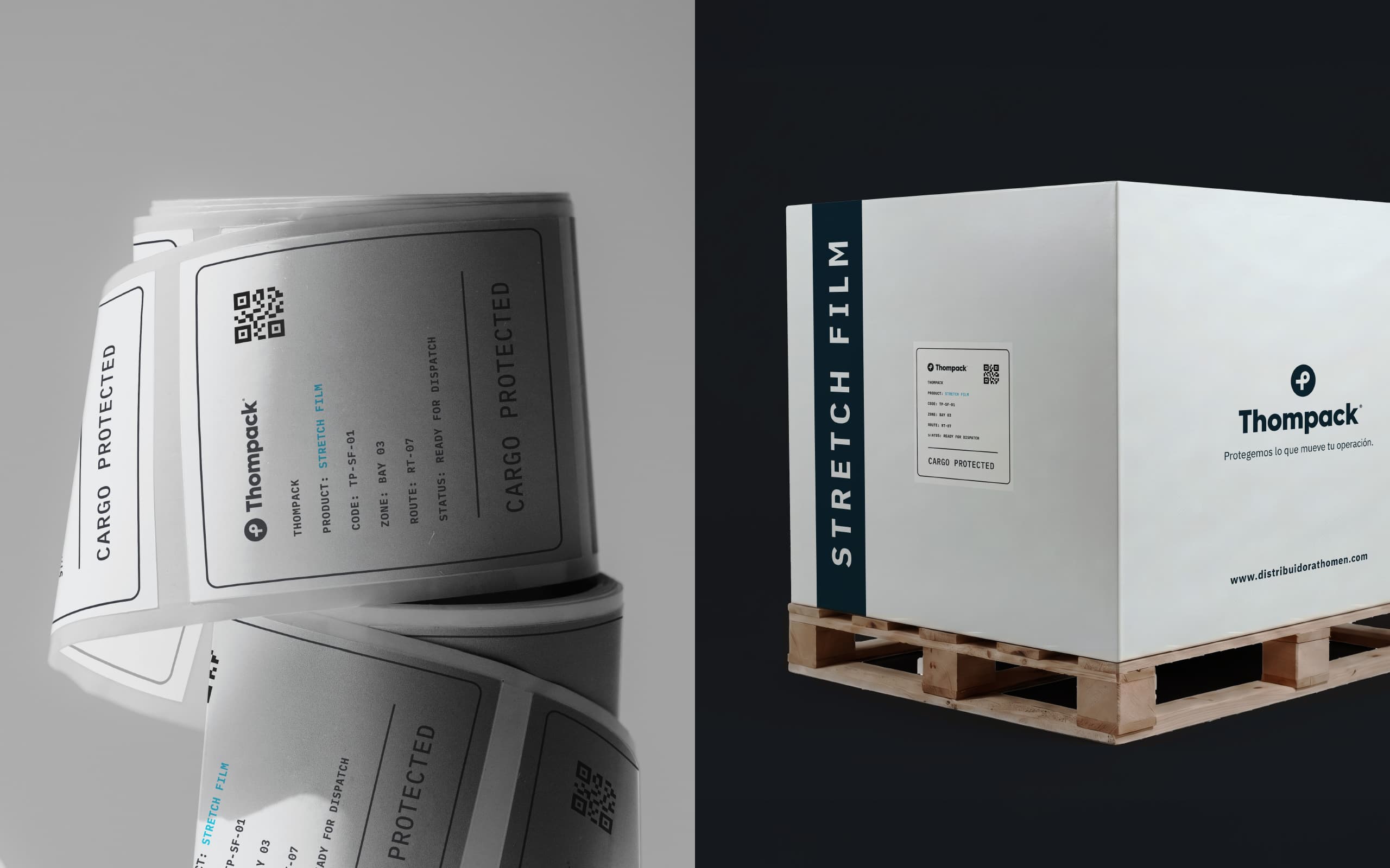 Thompack industrial packaging system applied to branded boxes and operational containers.