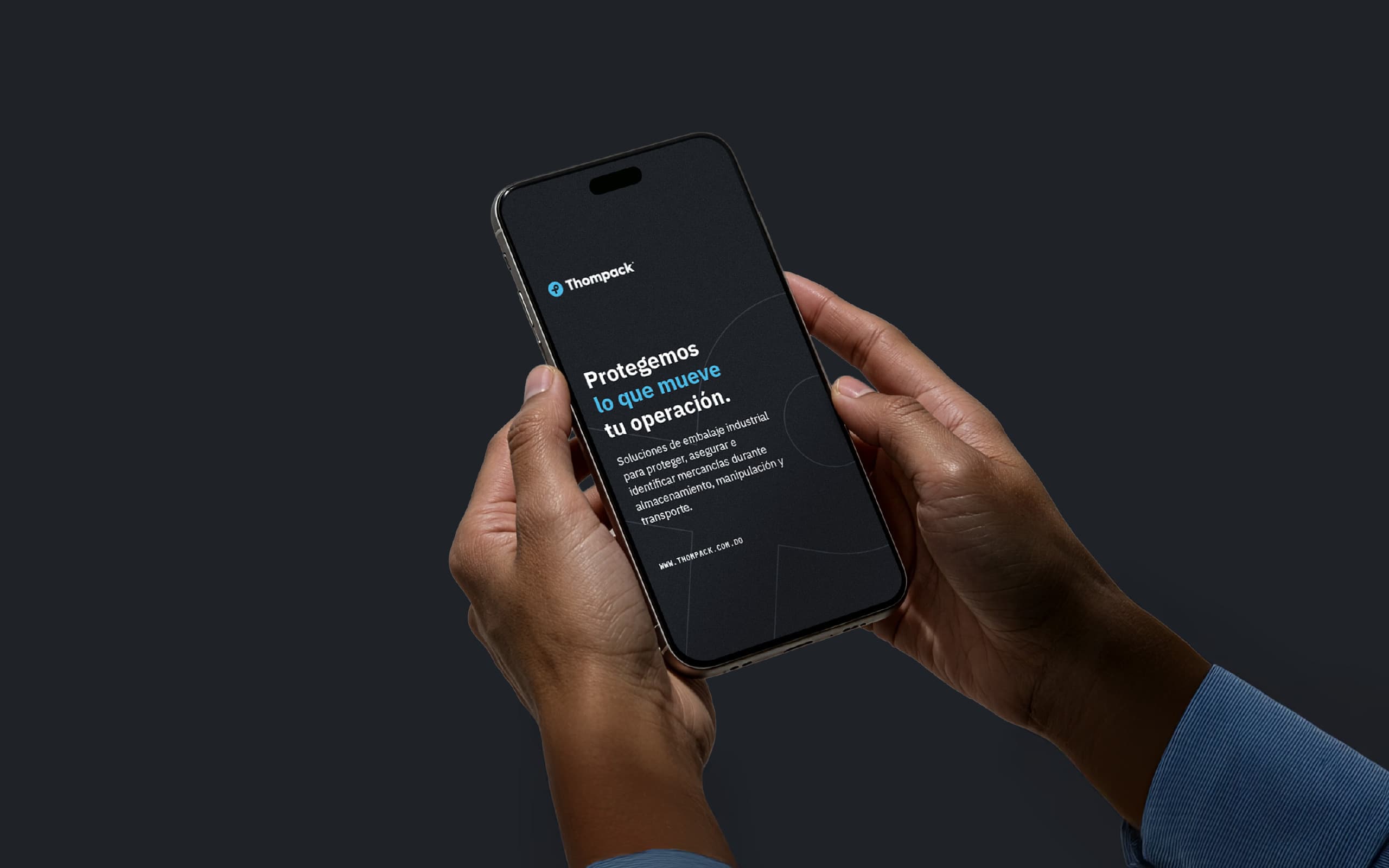 Thompack mobile website brand application showing the industrial packaging identity system on a smartphone.