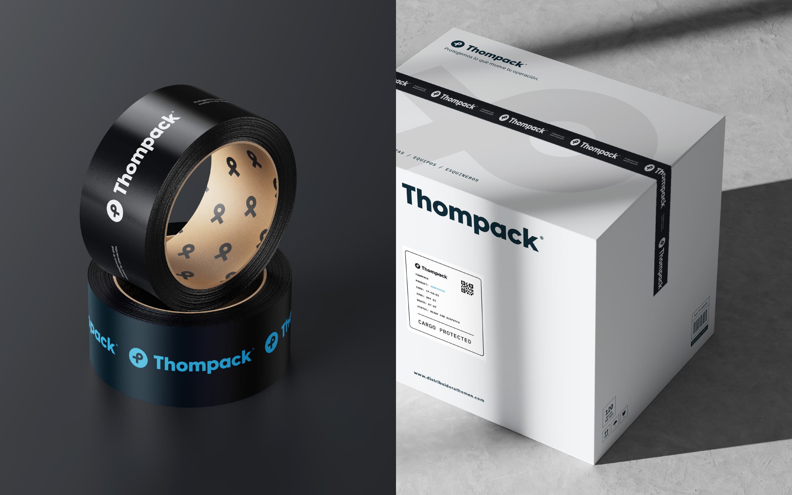 Thompack packaging tape applied to a shipping box as part of an industrial cargo protection system.