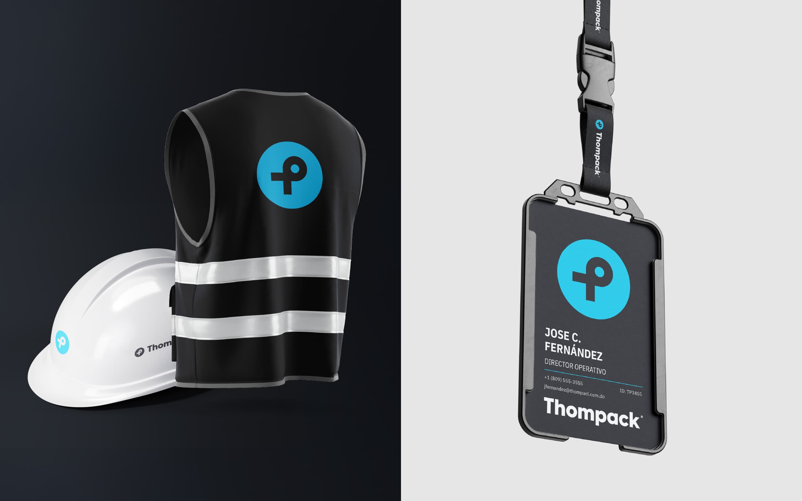 Thompack uniform and ID card brand application for an industrial packaging and warehouse team.
