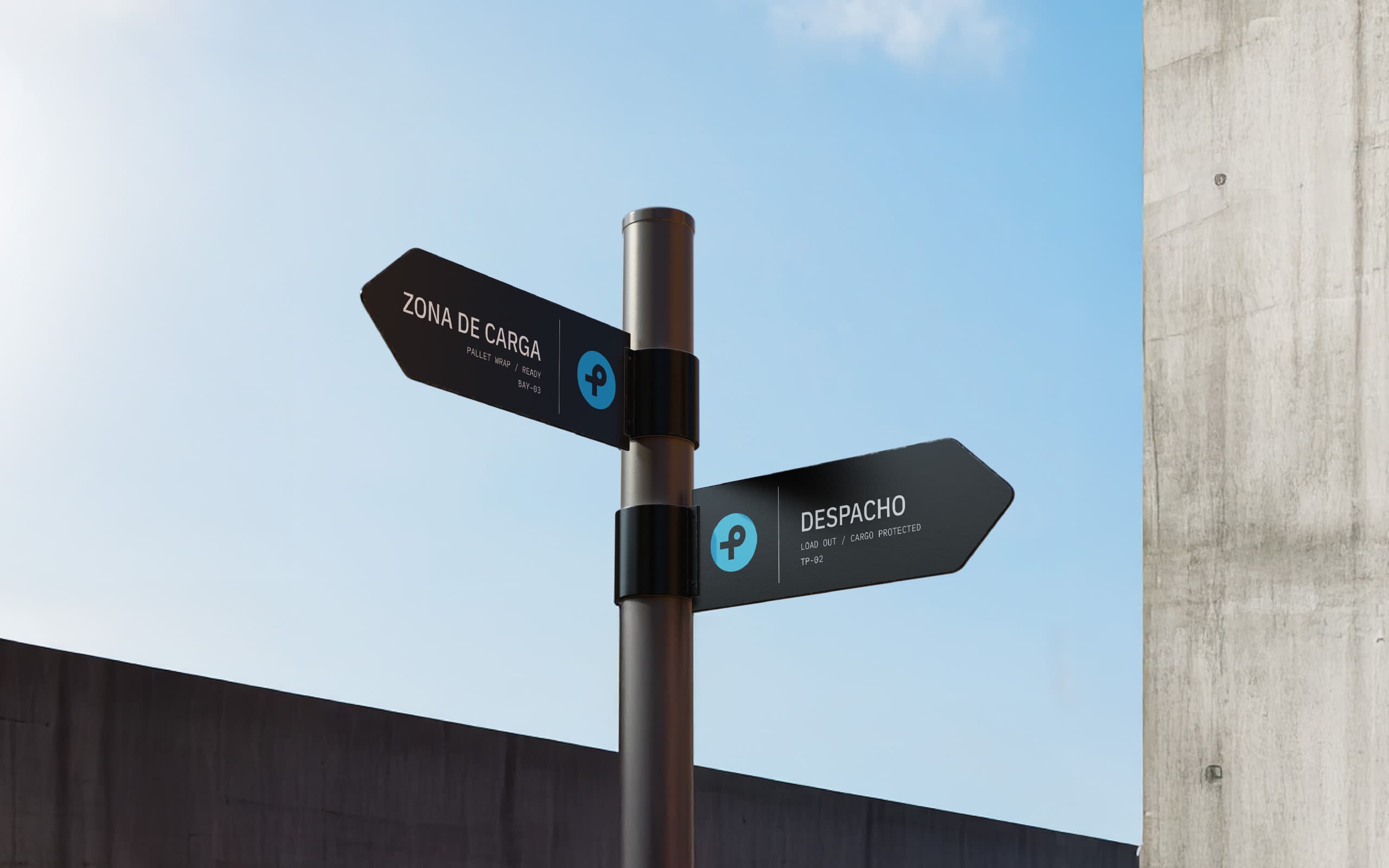 Thompack wayfinding signage system applied to an industrial warehouse environment.